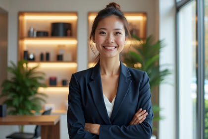 Femme confiante en costume dans un salon de beauté moderne