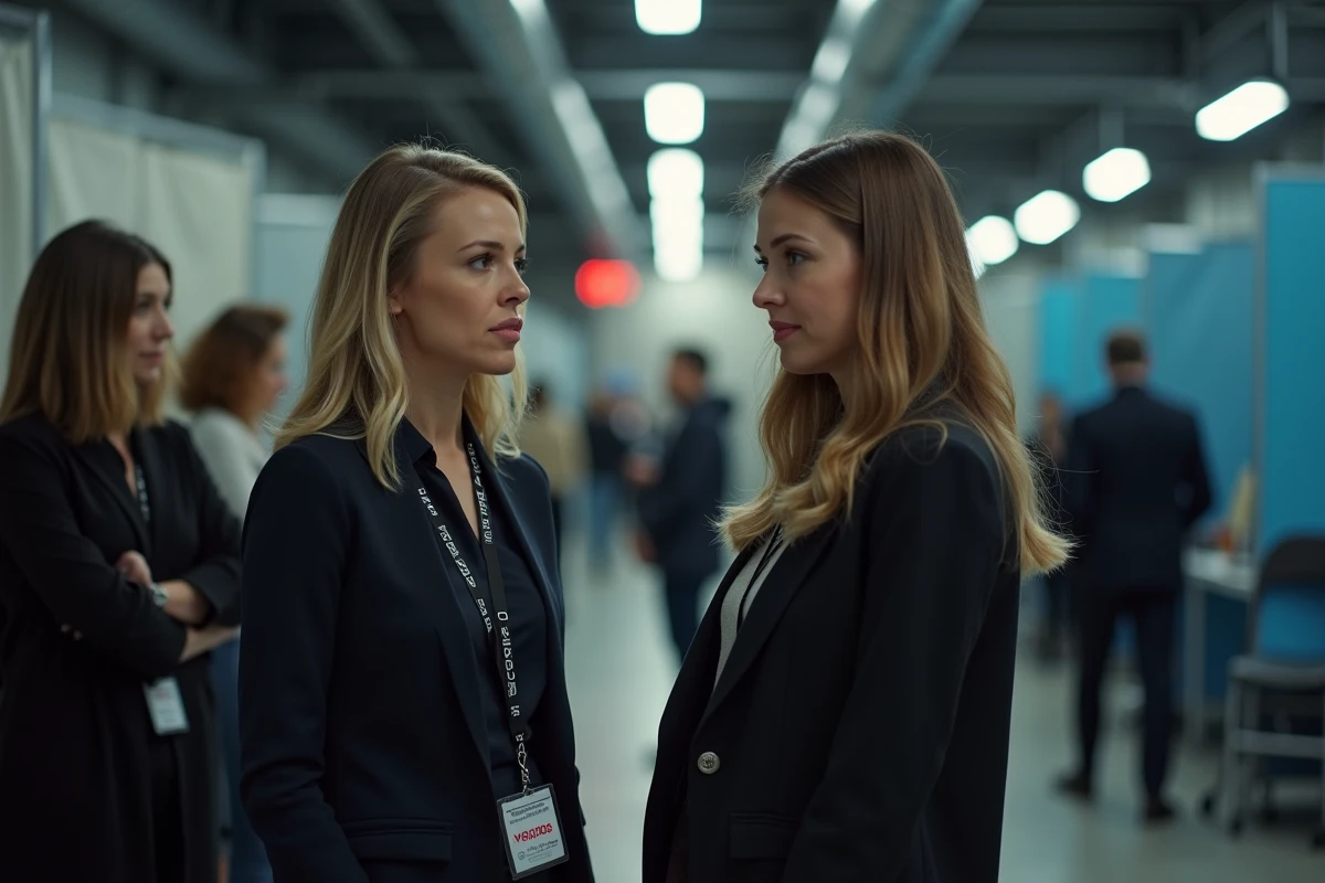 Deux femmes professionnelles en coulisses d'un événement médiatique, l'une reconnue par des spectateurs, illustrant la pression liée à la notoriété et à la beauté dans le milieu public