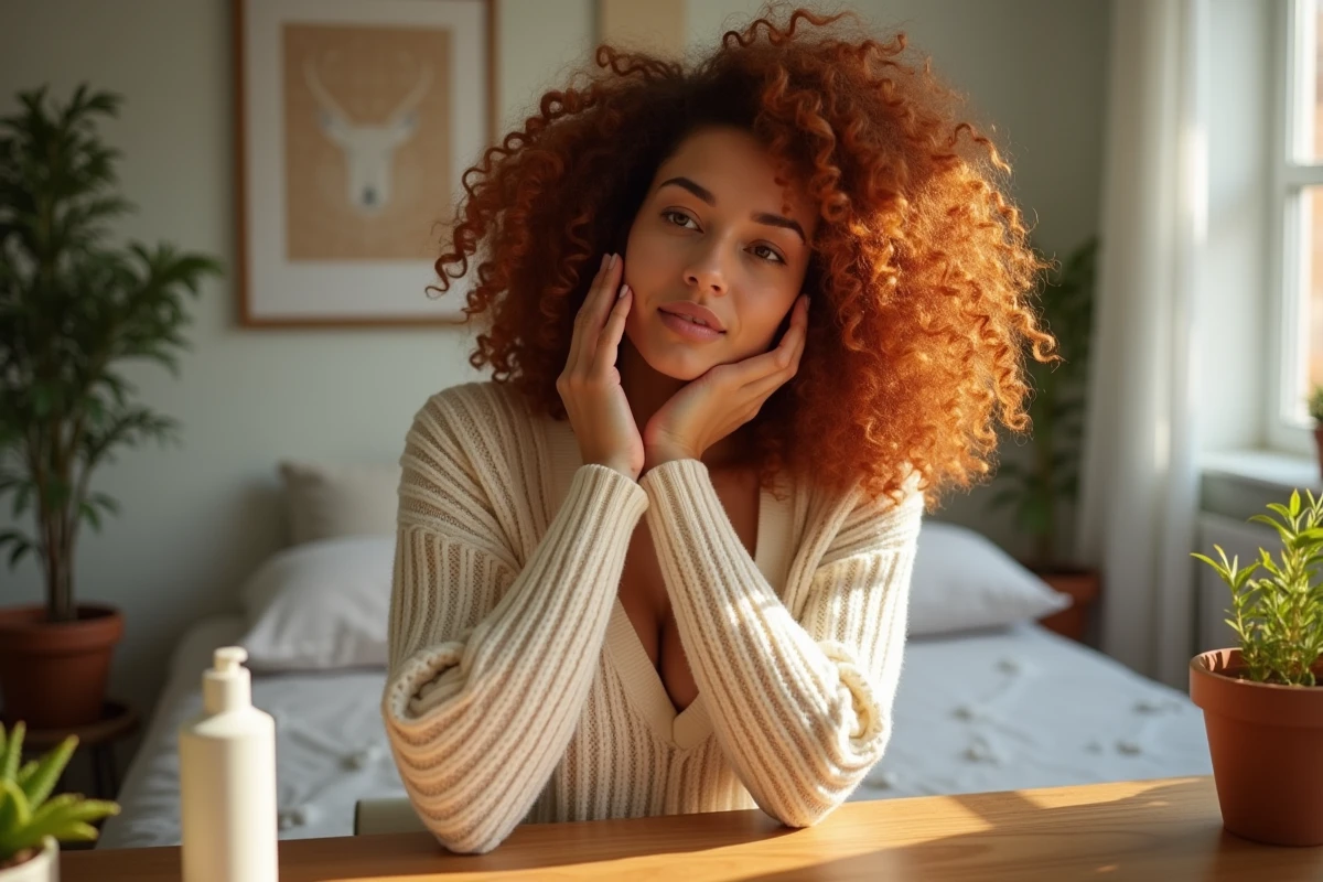 Femme aux cheveux bouclés en rituel matin naturel