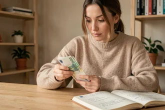 Jeune femme débutante en finances personnelles examinant des billets d'euros à son bureau minimaliste avec un carnet de budget ouvert