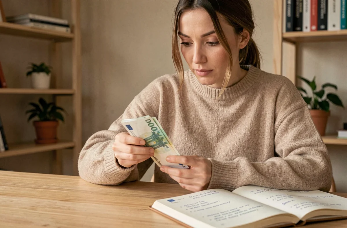 Jeune femme débutante en finances personnelles examinant des billets d'euros à son bureau minimaliste avec un carnet de budget ouvert