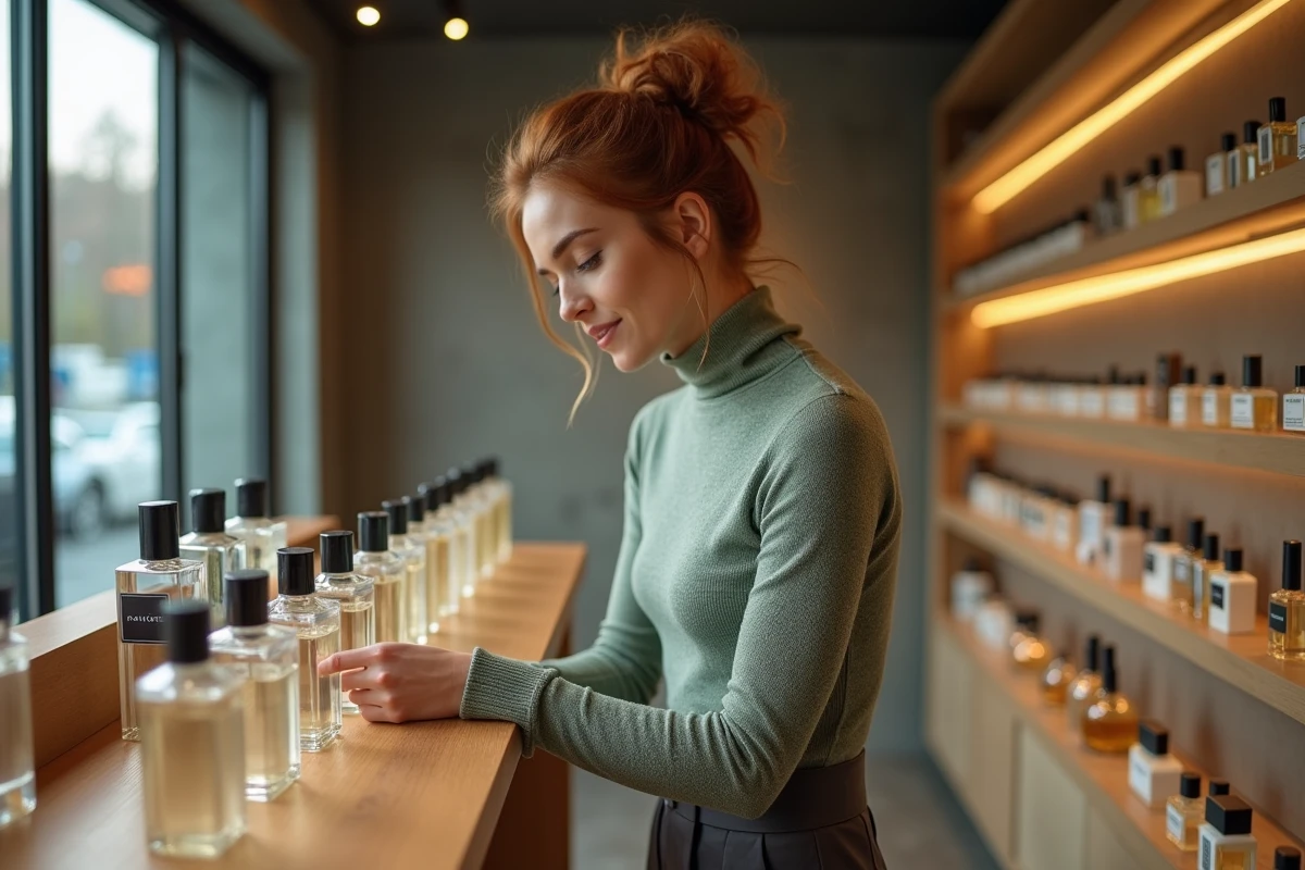 Jeune femme découvrant des parfums Zara dans une boutique moderne au design épuré et contemporain