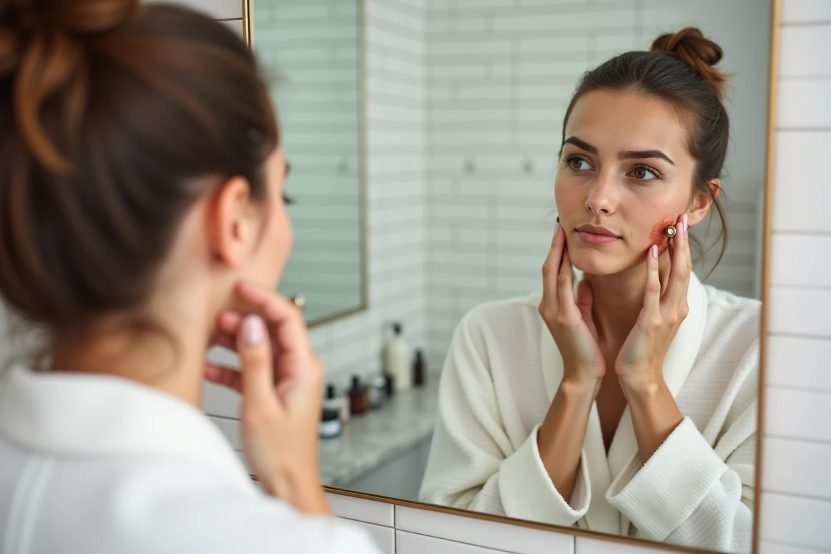 Femme utilisant un dermaroller sur sa joue devant un miroir de salle de bain dans le cadre d'un soin microneedling à domicile