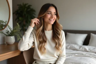 Femme élégante aux cheveux balayage dans une chambre minimaliste