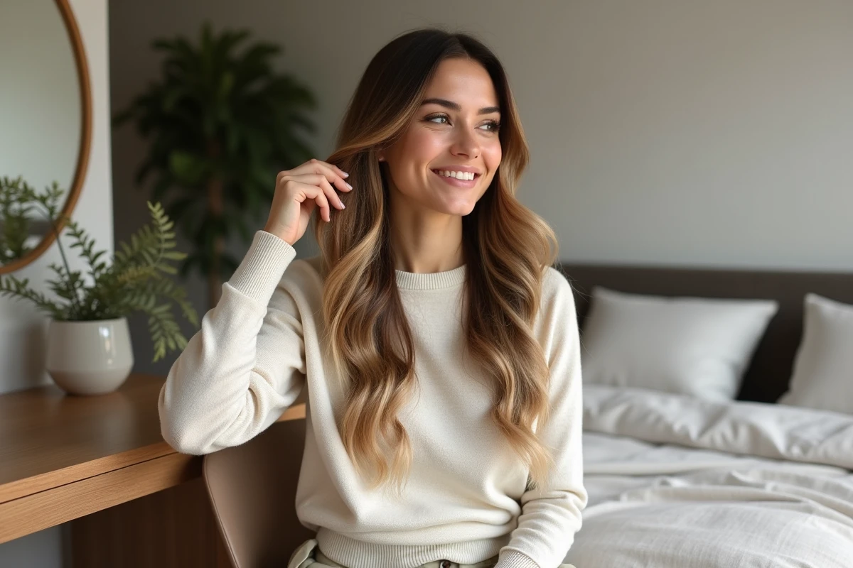 Femme élégante aux cheveux balayage dans une chambre minimaliste