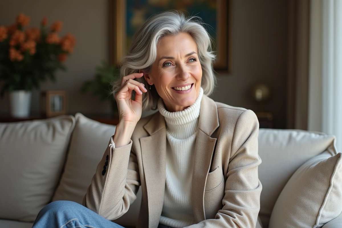 Femme élégante aux cheveux gris dans un salon moderne