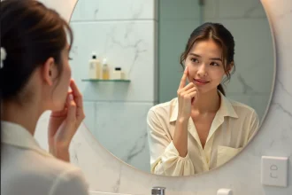 Jeune femme examinant son piercing au nez devant un miroir de salle de bain, illustrant les signes de rejet d'un piercing
