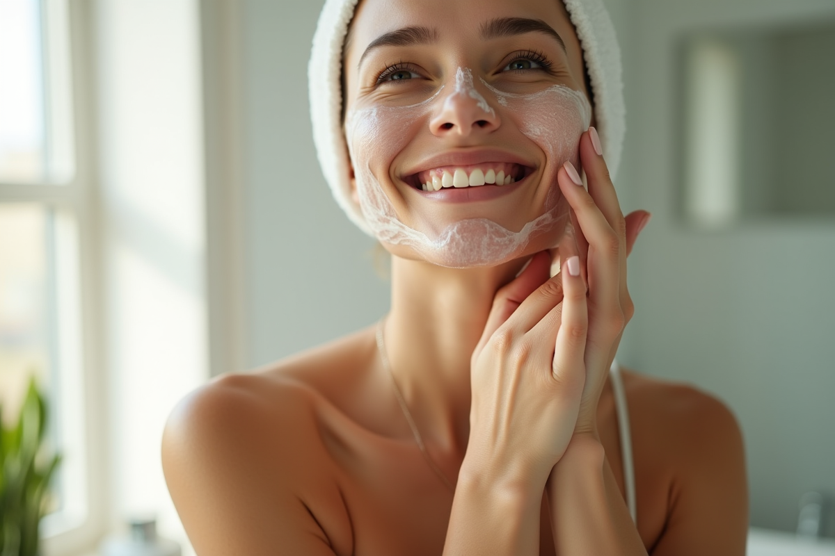 Femme souriante appliquant une crème exfoliante sur le visage