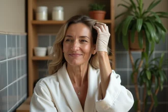 Femme appliquant de la henné sur ses cheveux dans une salle de bain chaleureuse