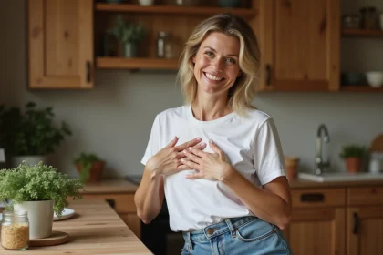 Femme souriante appliquant un compress herbal &agrave; la maison