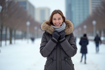 Femme souriante en manteau d'hiver dans un parc urbain enneige