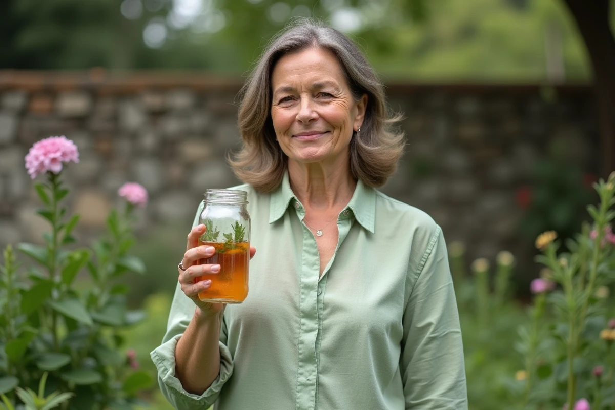 Femme dans un jardin avec une eau infus&eacute;e maison