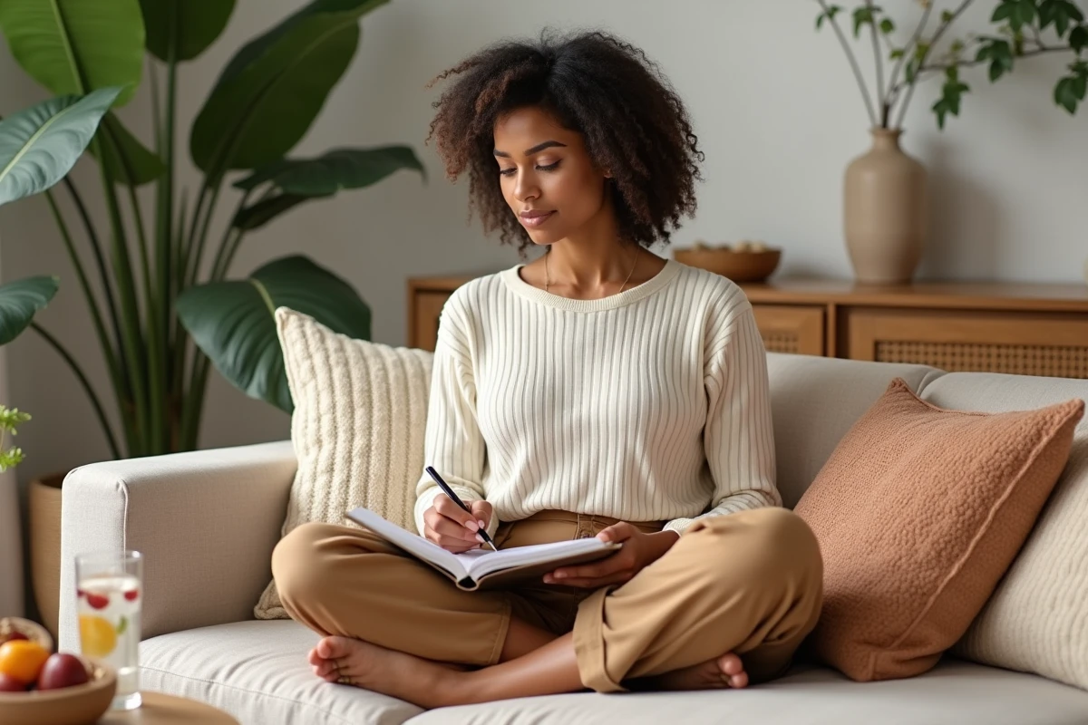 Femme sereine écrivant dans un journal bien-être chez elle entourée d'une alimentation saine et d'un environnement apaisant pour adopter une routine sans frustration