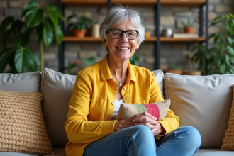 Femme souriante dans un salon cosy avec coussin coloré