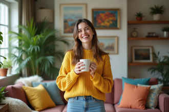 Femme souriante dans un salon végétal et coloré