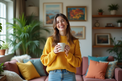 Femme souriante dans un salon végétal et coloré