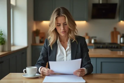 Femme lisant un document dans une cuisine moderne