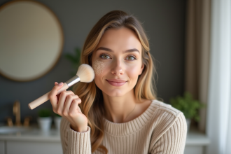 Femme en train de poudrer son visage avec douceur