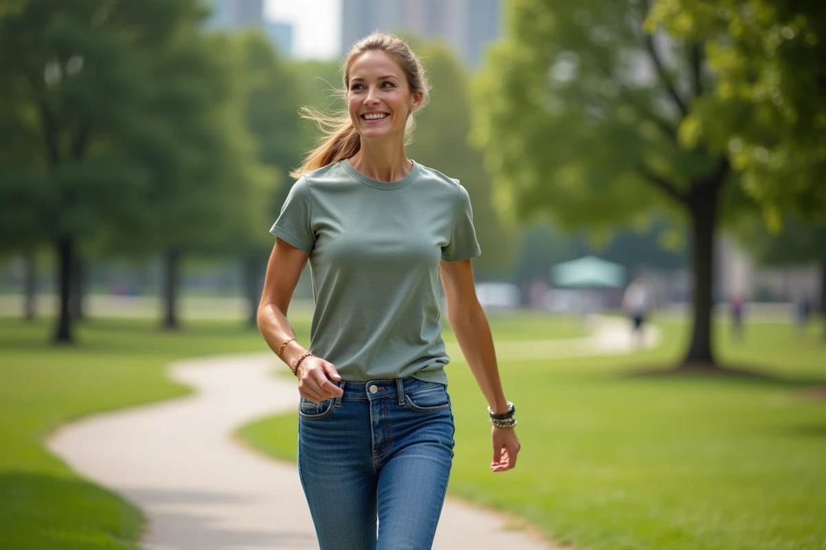 Femme marchant dans un parc verdoyant et paisible