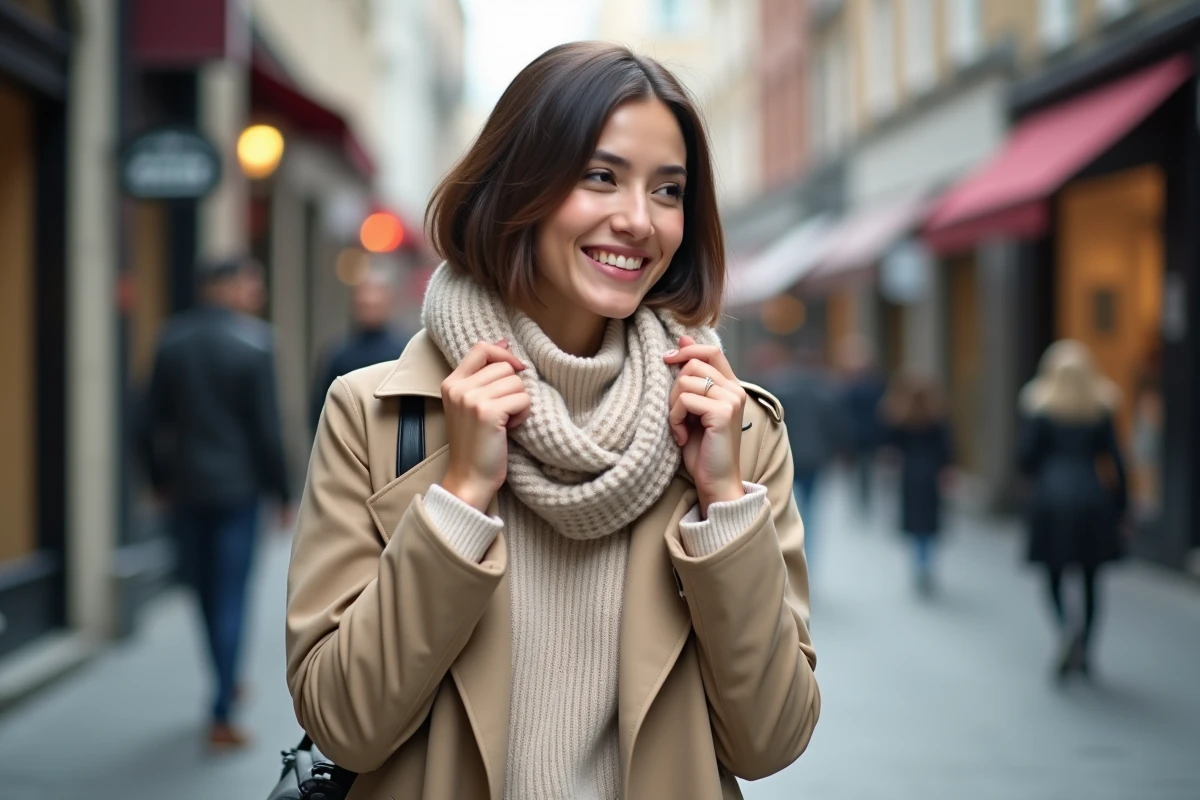 Femme en trench marche dans une rue urbaine anim&eacute;e