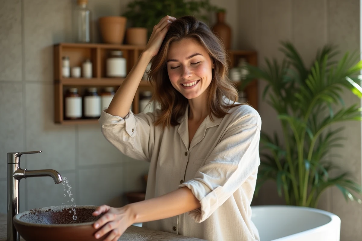 Jeune femme se massant cheveux avec shampoing maison dans salle de bain