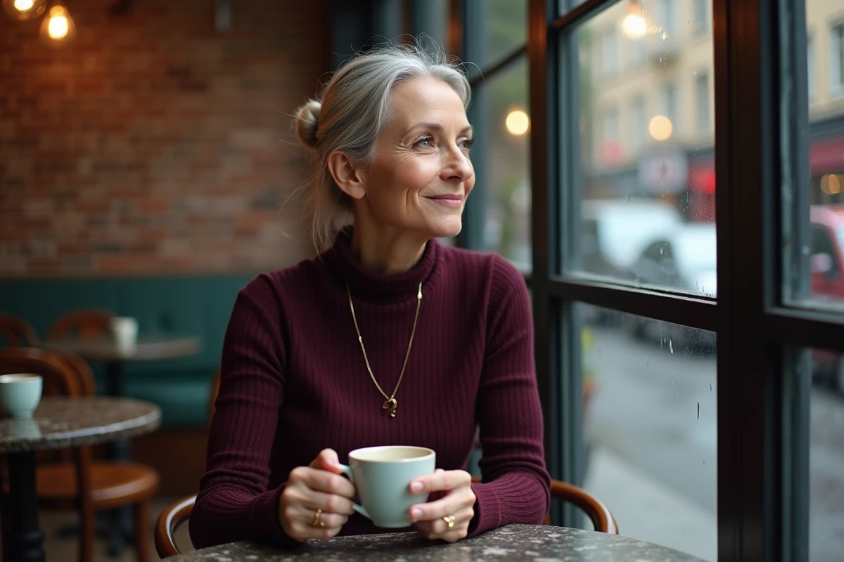 Femme mature élégante dans un café parisien tenant une tasse de café, regardant par la fenêtre avec sérénité et assurance naturelle