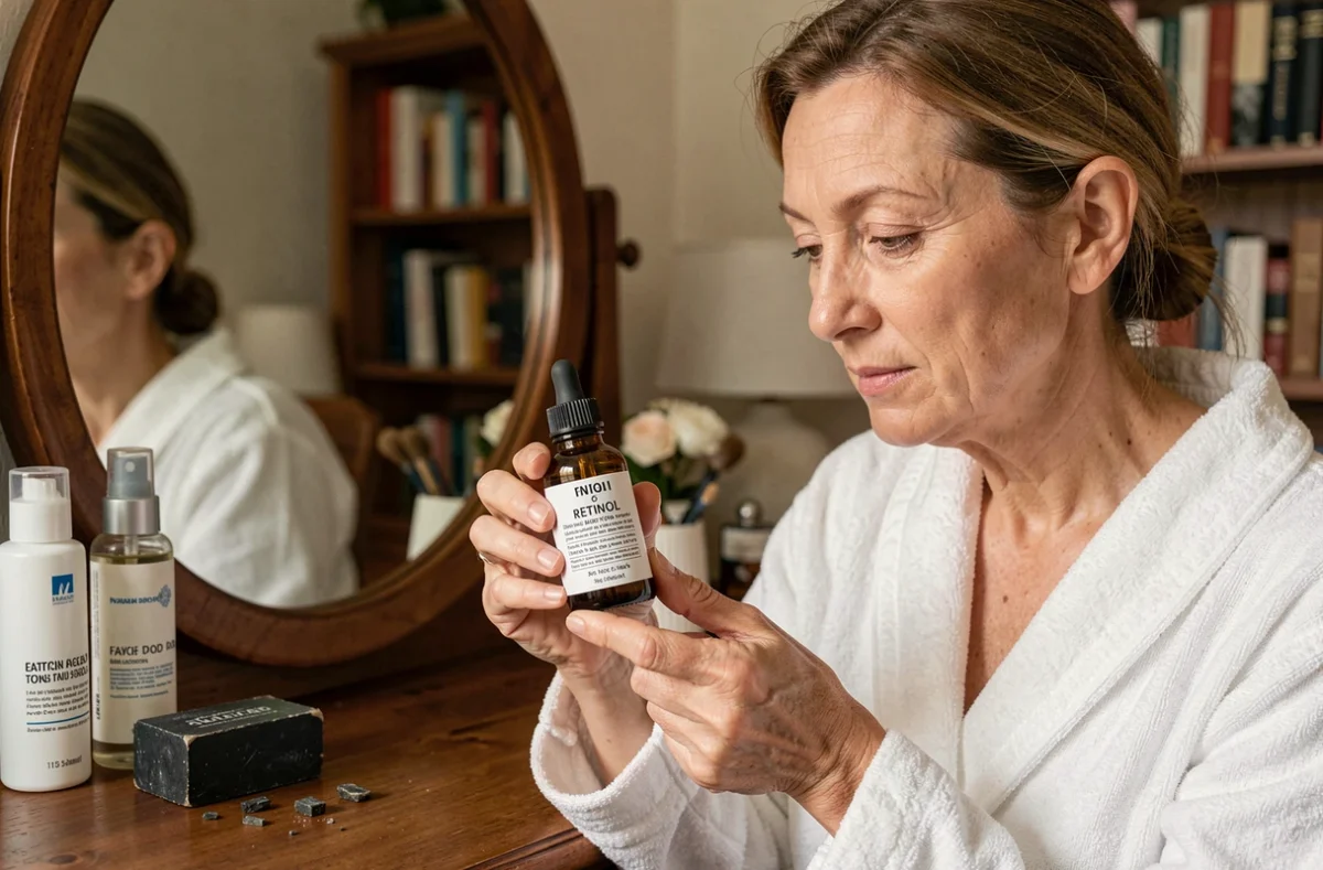 Femme mature lisant l'étiquette d'un produit rétinol à sa coiffeuse, association savon noir et actifs cosmétiques