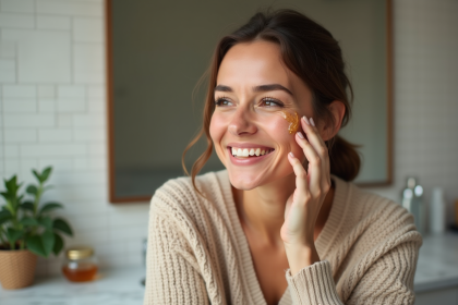 Femme appliquant du miel sur le visage dans une salle de bain moderne