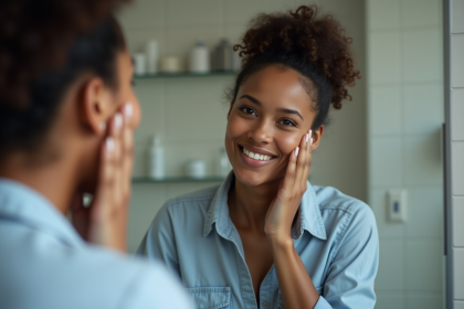 Femme regardant son reflet dans un miroir de salle de bain