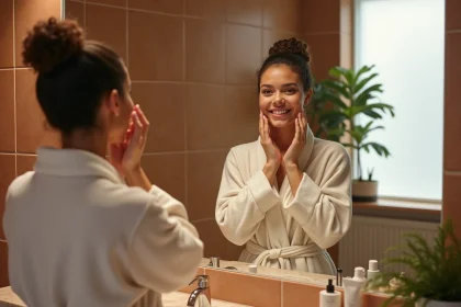 Femme confiante se regardant dans le miroir avec un sourire authentique, célébrant sa beauté naturelle dans une salle de bain chaleureuse