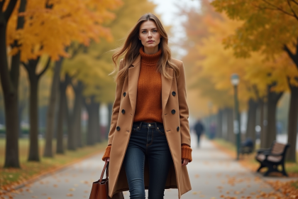 Femme élégante en manteau camel automne urbain