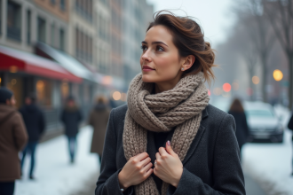 Femme élégante en manteau et écharpe dans la ville d'hiver