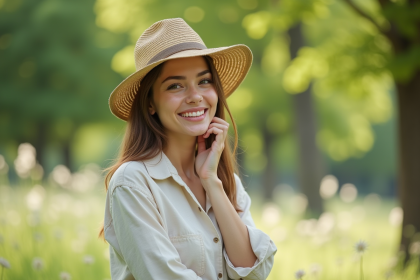 Femme souriante en plein air dans un parc ensoleille