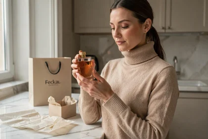 Femme tenant un flacon de parfum de luxe commandé en ligne via Primor livraison France, dans un appartement parisien moderne