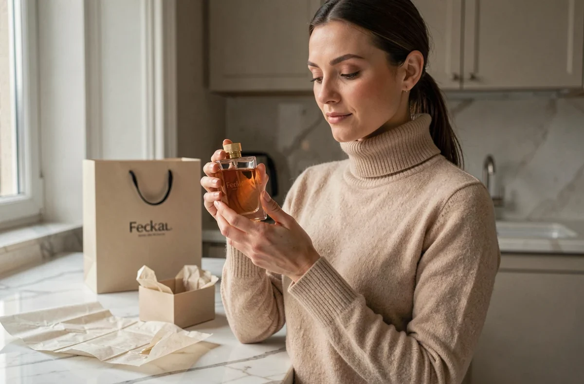 Femme tenant un flacon de parfum de luxe commandé en ligne via Primor livraison France, dans un appartement parisien moderne