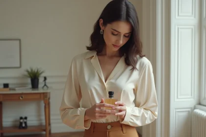 Femme élégante tenant un flacon de parfum Zara dans un appartement parisien minimaliste, ambiance chic et raffinée