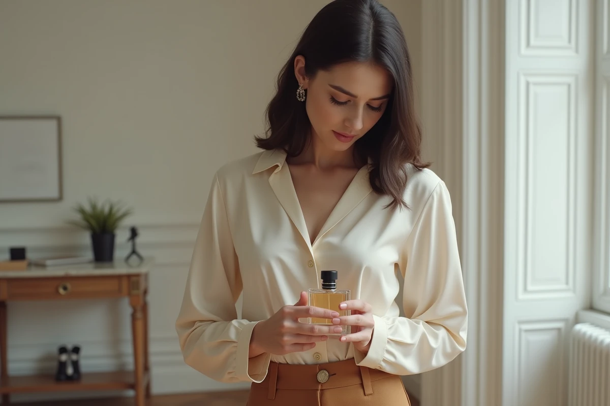 Femme élégante tenant un flacon de parfum Zara dans un appartement parisien minimaliste, ambiance chic et raffinée