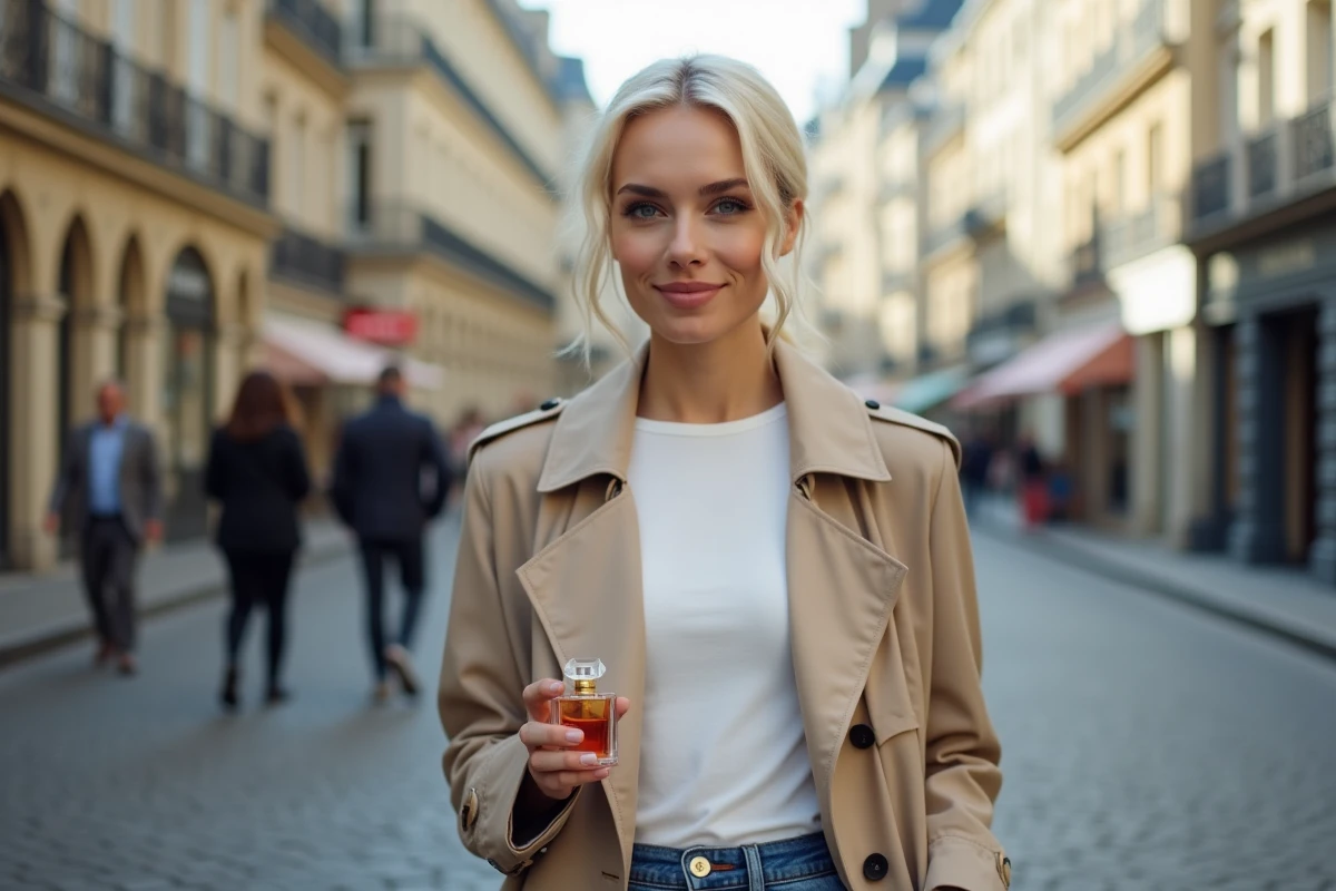 Femme chic tenant un parfum Zara dans une rue parisienne pavée, style élégant et discret en plein air