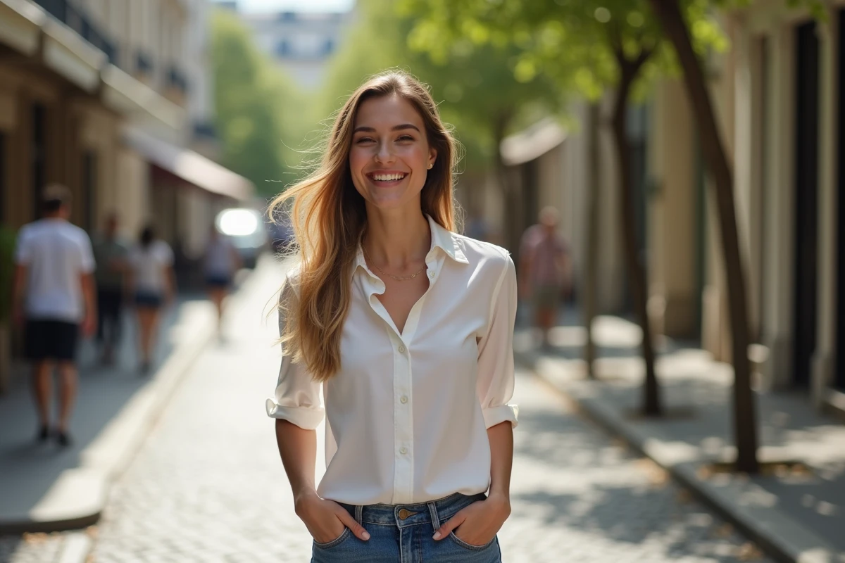 Jeune femme souriante marche dans une rue parisienne ensoleillee