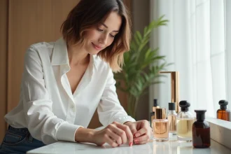 Femme arrangeant des parfums sur une coiffeuse en marbre