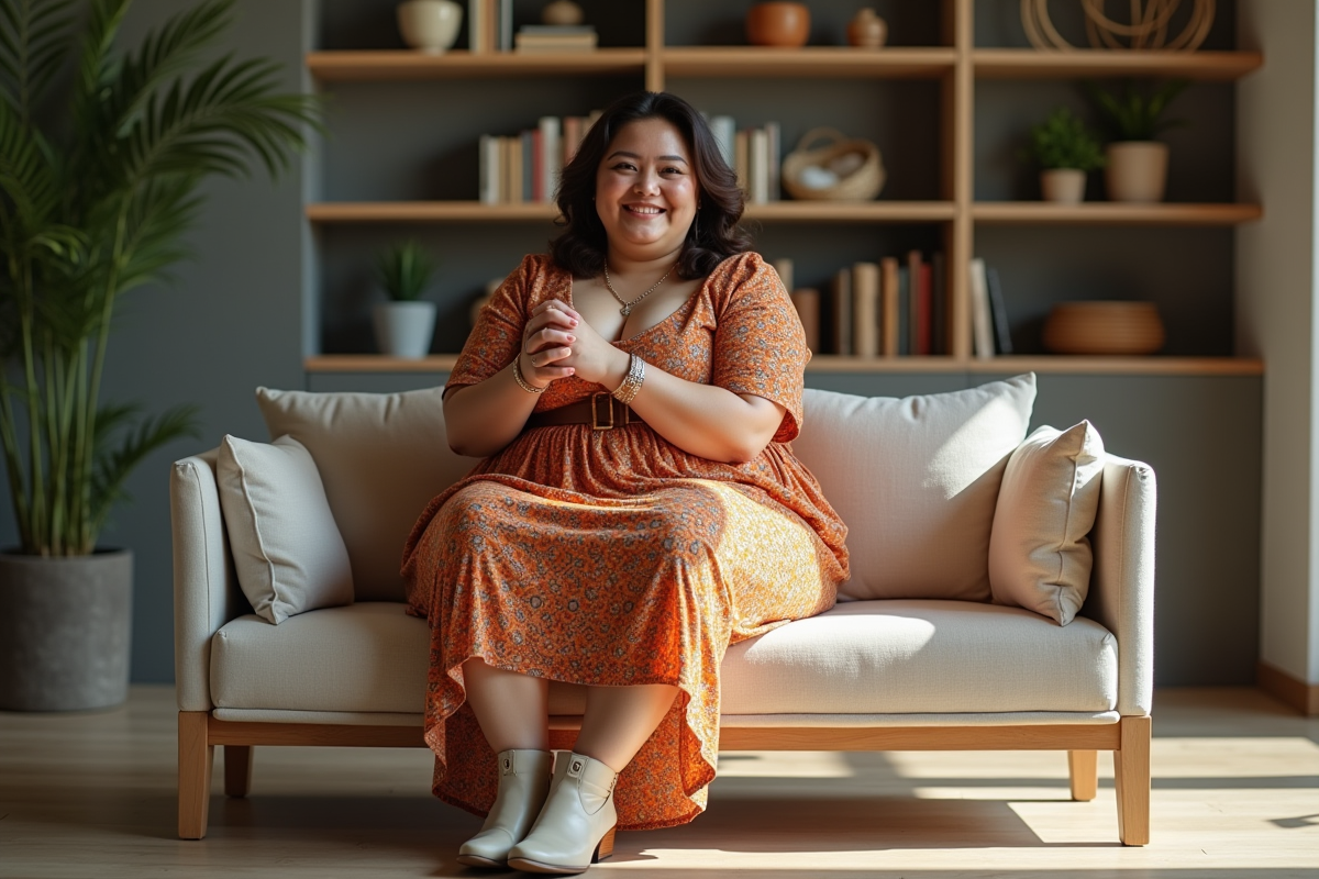 Femme ronde en robe colorée assise en intérieur