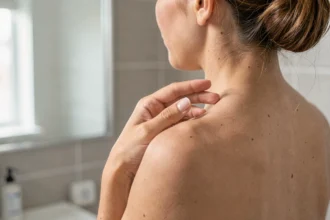 Femme qui examine la peau de son épaule devant un miroir