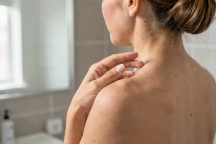 Femme qui examine la peau de son épaule devant un miroir