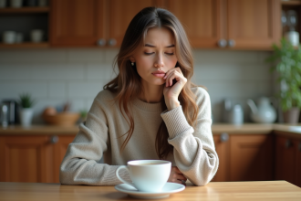 Jeune femme pensant dans sa cuisine chaleureuse