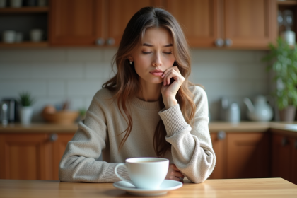 Jeune femme pensant dans sa cuisine chaleureuse
