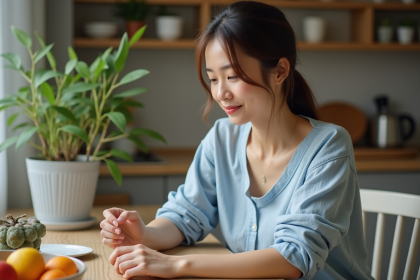 Femme en linen bleu pressant son poignet pour soulager la douleur
