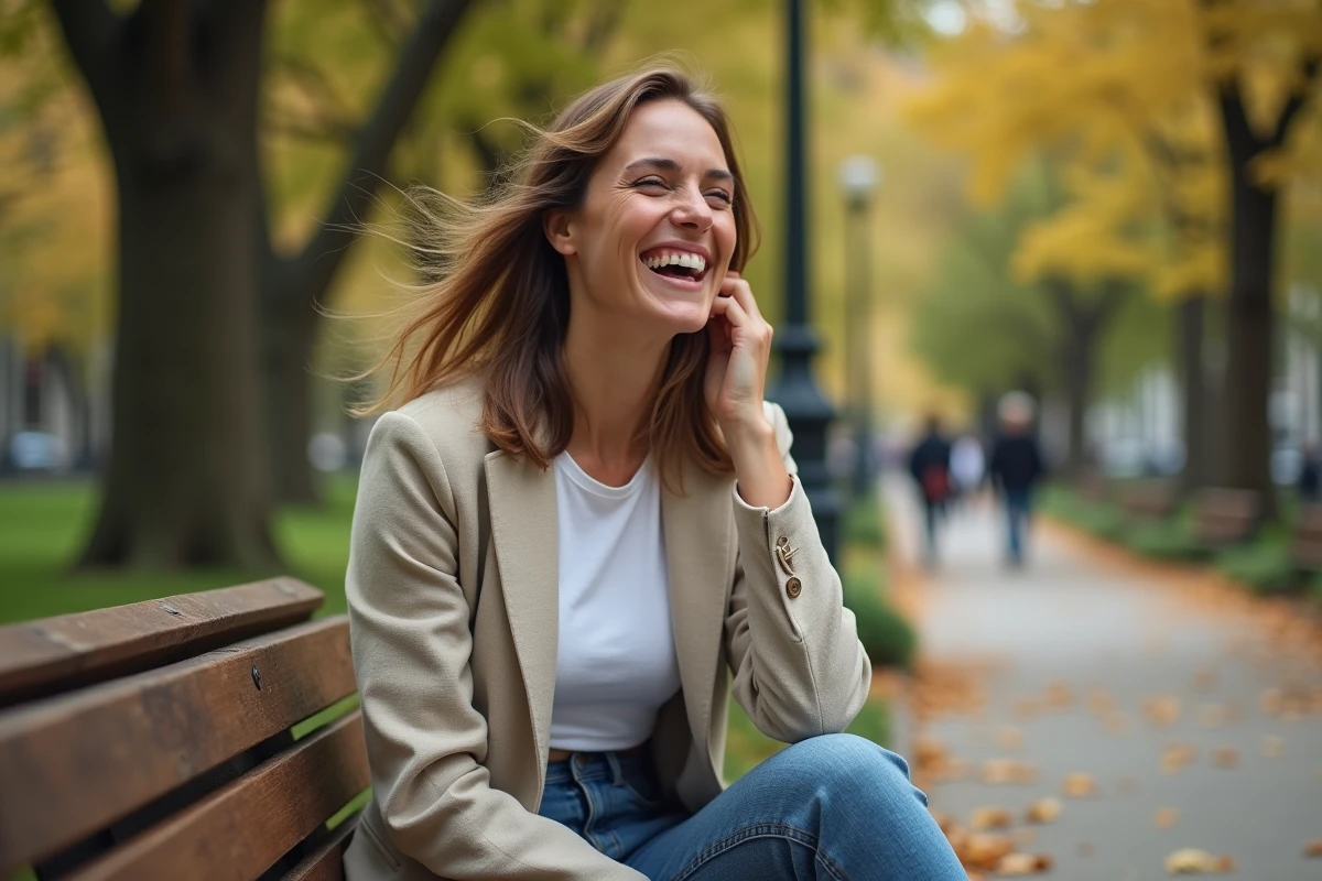 Jeune femme riant spontanément assise sur un banc de parc en automne, rayonnant de confiance en soi et de joie naturelle