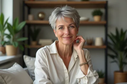 Femme souriante dans un salon cosy avec plantes et &eacute;tag&egrave;res