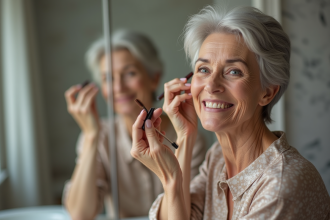 Femme de 70 ans se maquillant devant miroir moderne