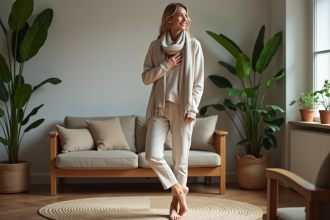 Femme calme dans un intérieur avec plantes vertes et ambiance chaleureuse